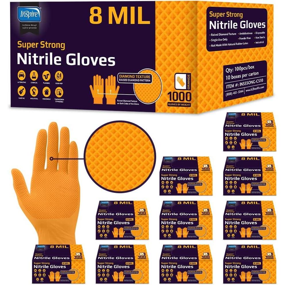 image:imageInspire Heavy Duty Orange Nitrile Gloves ULTRA 8 Mil Diamond Textured Grip Industrial Mechanic Disposable Cleaning Gloves1000
