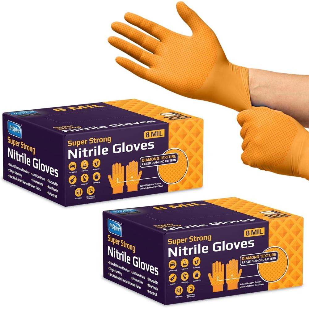 image:imageInspire Heavy Duty Orange Nitrile Gloves ULTRA 8 Mil Diamond Textured Grip Industrial Mechanic Disposable Cleaning Gloves200