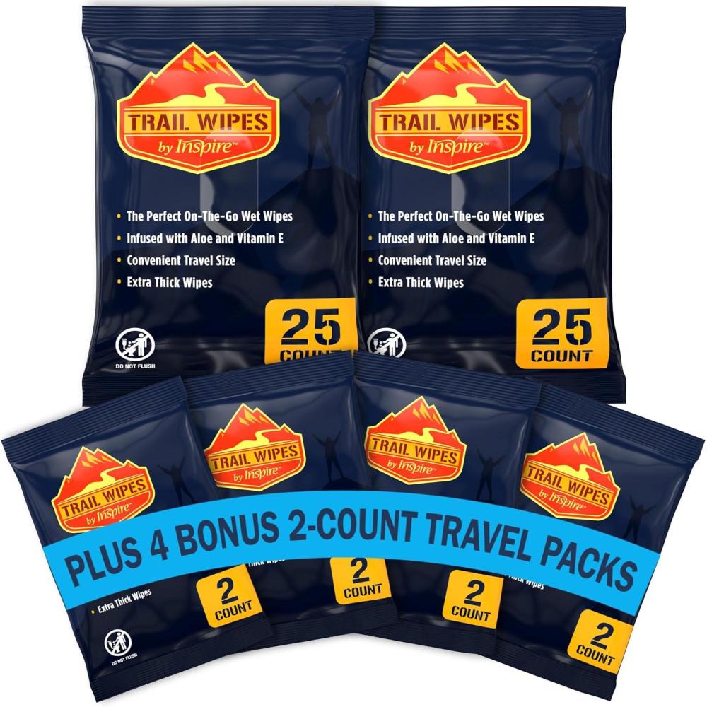 image:imageInspire Trail Wipes Camping Wipes Body Wipes Adults Biodegradable Wipes For Camping Travel Gym With Aloe And Vitamin E No Rinse Bathing Shower Wipes Women Or Men50 Count 2 Packs Of 25