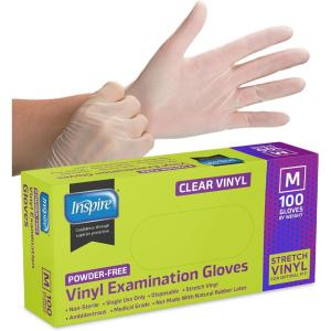 Inspire Exam Medical Gloves – Clear Vinyl Disposable Gloves, Latex Free, For Food Prep (100, Medium)