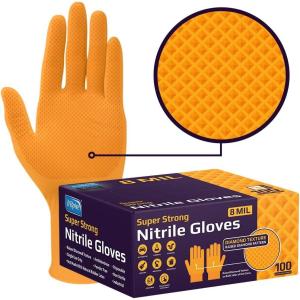 Inspire Heavy Duty Orange Nitrile Gloves | ULTRA 8 Mil Diamond Textured Grip | Industrial Mechanic Disposable Cleaning Gloves(100)