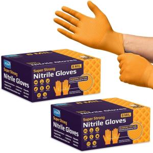 Inspire Heavy Duty Orange Nitrile Gloves | ULTRA 8 Mil Diamond Textured Grip | Industrial Mechanic Disposable Cleaning Gloves(200)