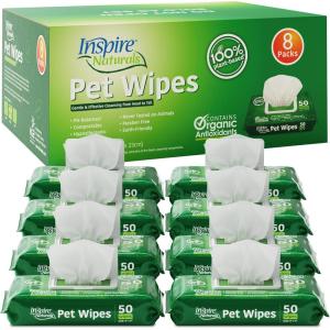 Inspire Naturals Pet Wipes for Dogs and Cats 100% Natural Plant Based with Organic Antioxidants, Dog Wipe Cleaning Deodorizing | Puppy Wipes | Dog Wipes for Paws and Butt(100ct – 2 Pack)(400ct – 8 Packs Of 50)
