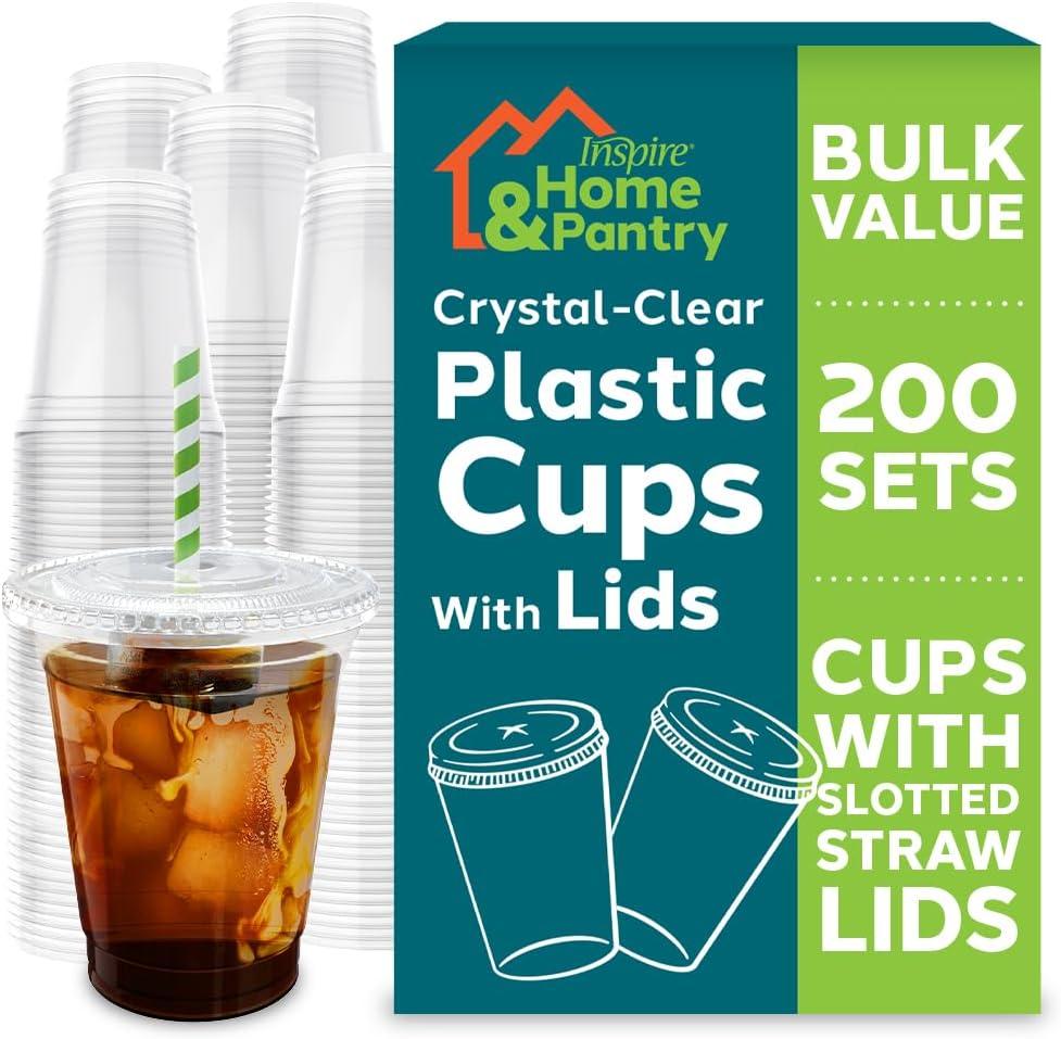 image:imageInspire Disposable Plastic Cups with Lids Bulk Smoothie Cup Iced Coffee Cups with Lids 12 Oz 200 Count