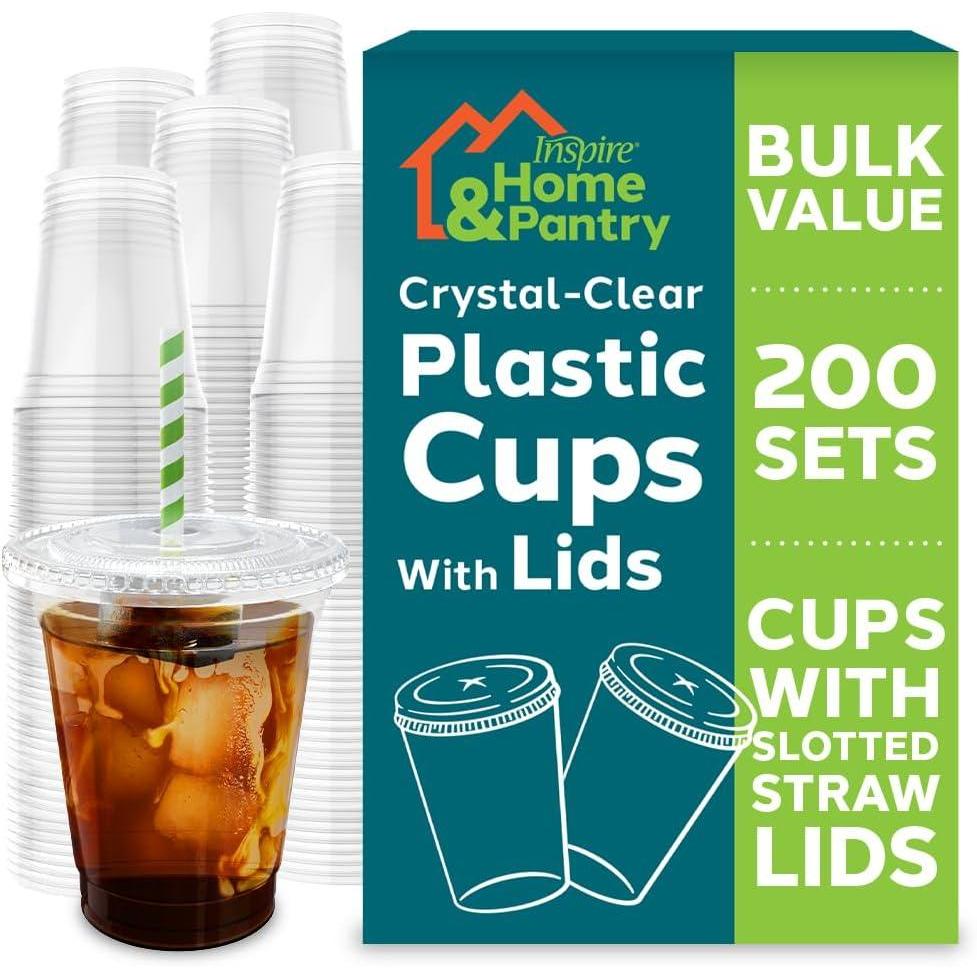 image:imageInspire Disposable Plastic Cups with Lids Bulk Smoothie Cup Iced Coffee Cups with Lids 12 Oz 200 Count