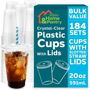 Inspire Disposable Cups with Lids | Bulk Smoothie Cup | Iced Coffee Cups with Lids, 20 Oz – 184 Count