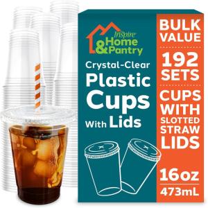 Inspire Disposable Plastic Cups with Lids | Bulk Smoothie Cup | Iced Coffee Cups with Lids, 16 Oz-192 Count
